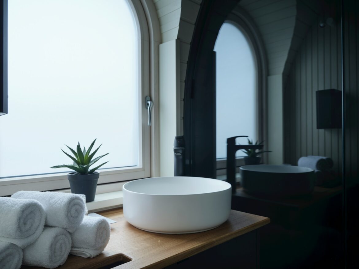 A bathroom with a large window and a bowl sink