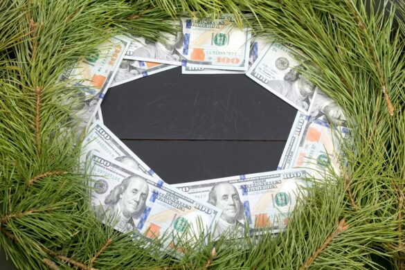 Christmas Greeting Card with Money. Fir Branch, Money And Decoration On Plank. Christmas Fir Tree On Wooden Background