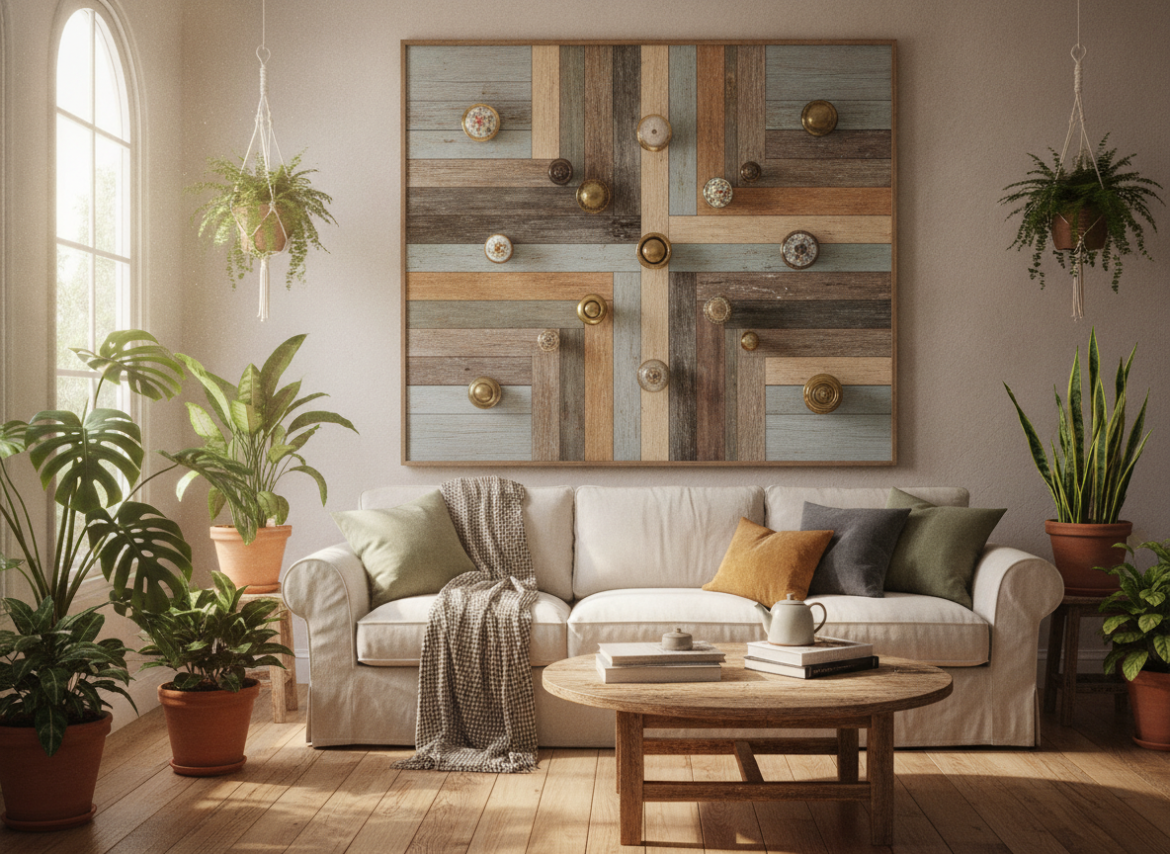 Stijlvolle wandkunst maken van sloophout en vintage deurknoppen