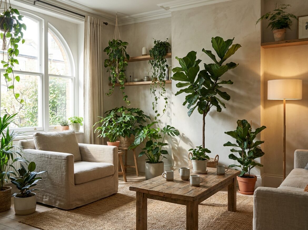 Warm verlichte woonkamer met planten en een lage schemerlamp