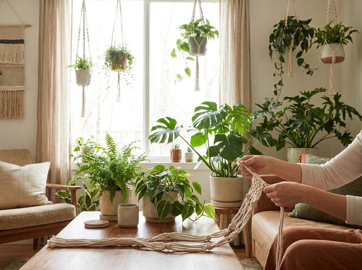 Geknoopte katoenen plantenhanger met groene hangplant voor een lichte raampartij