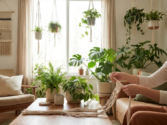 Geknoopte katoenen plantenhanger met groene hangplant voor een lichte raampartij