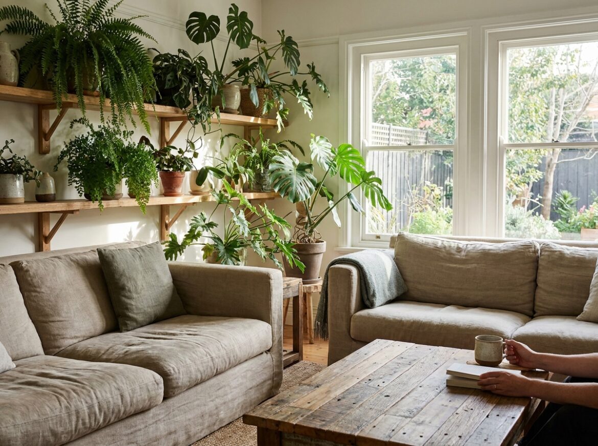 Rustige woonkamer met planten, linnen en warm avondlicht