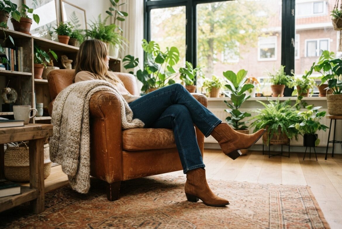 Halfhoge bruine suède westernlaarsjes onder een donkere jeans in een lichte woonkamer met planten