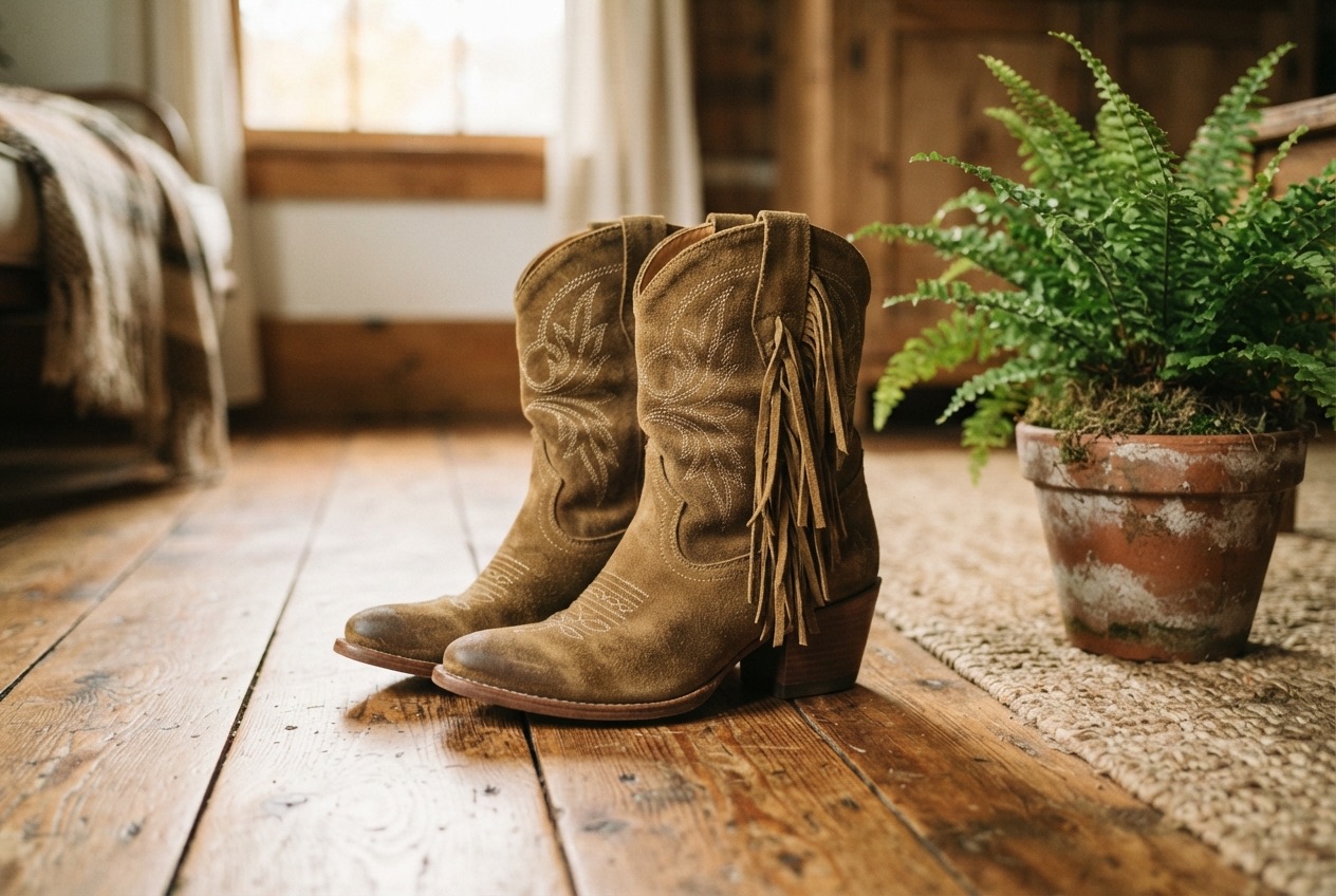 Halfhoge khaki suède westernlaarsjes met franjes op een houten vloer naast een varen